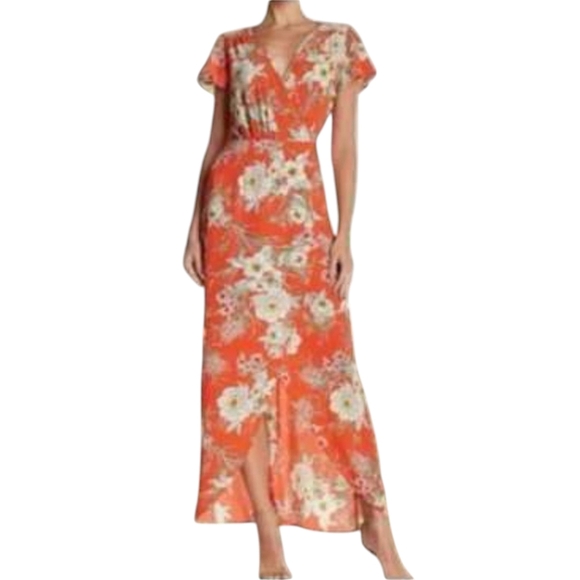 New Superfoxx Orange Floral Short Sleeve Wrap Maxi Dress Size XS - Picture 4 of 10
